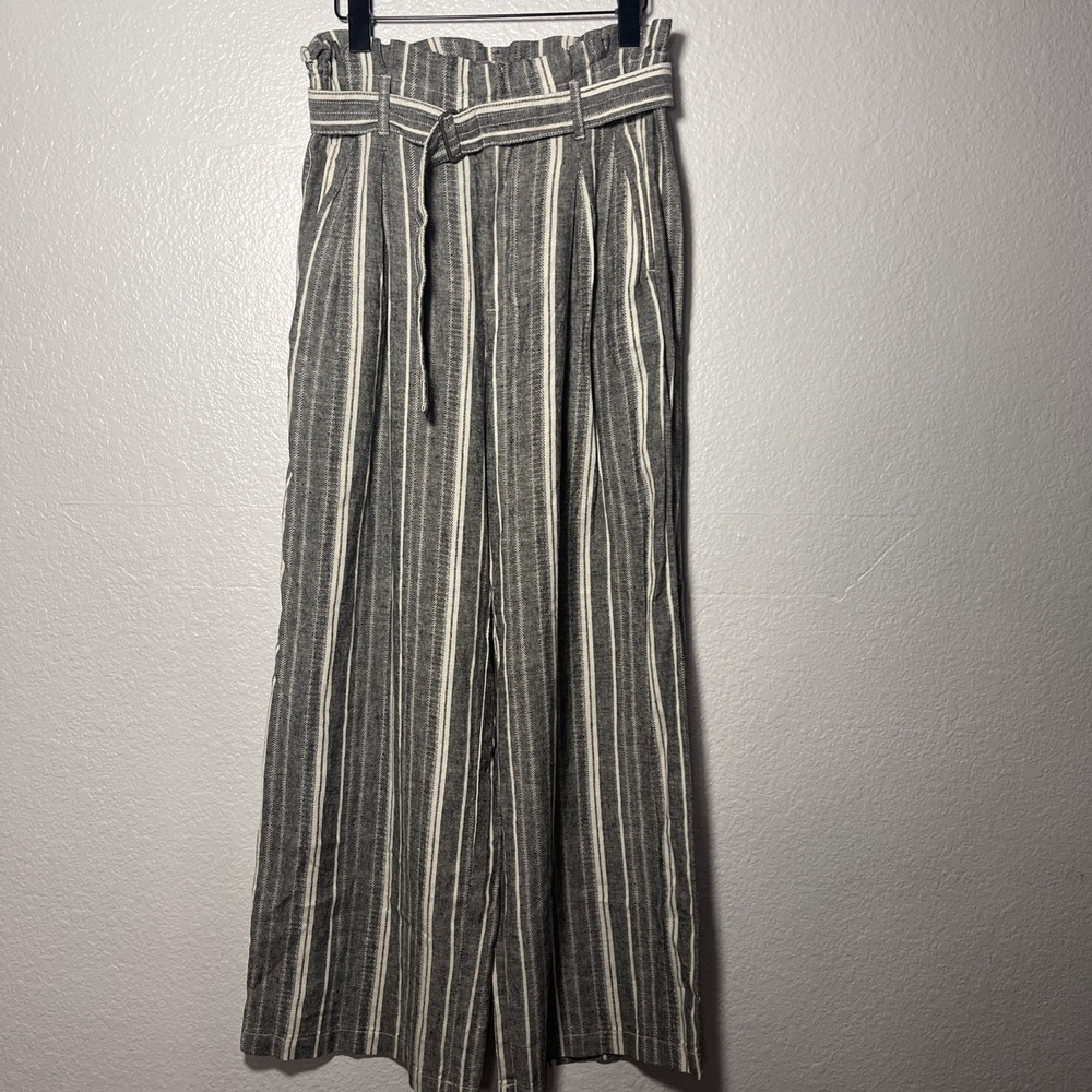 Banana Republic Linen Blend Paper Bag Pant Black Stripe Belted Size 4 Wide Leg